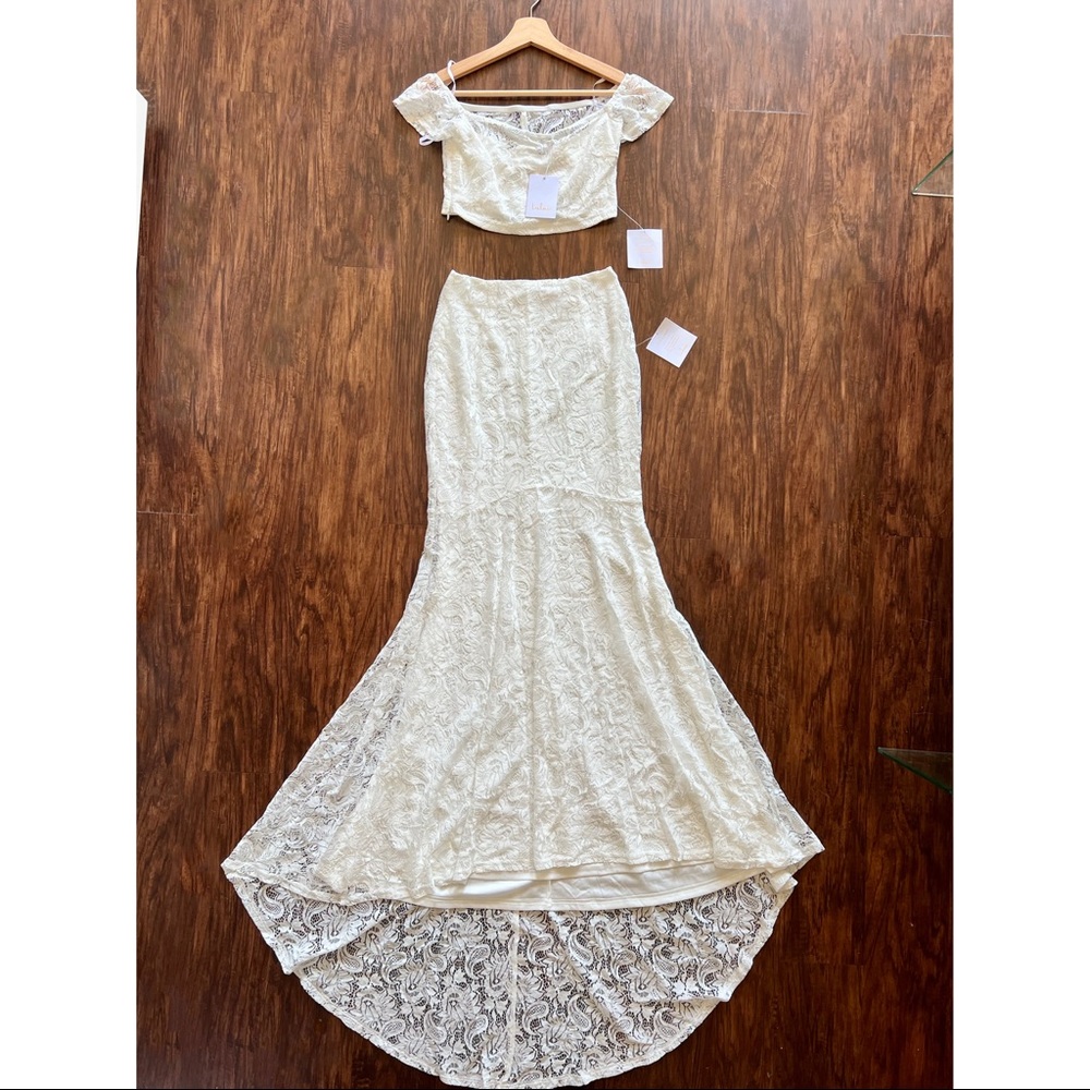 NWT - Lulu’s 2 Piece - Lace White Crop Top + Asymmetrical Skirt Set